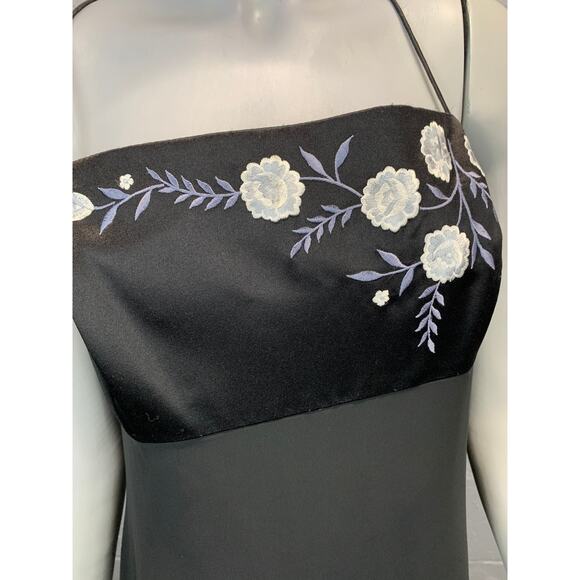 Y2K Black Satin Maxi Slip Dress Formal Prom Volup Plus 16 Floral Embroidered - Picture 5 of 9